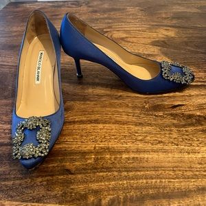 Manolo Blahnik 70mm Hangisi - Blue Satin Jewel Buckle 35.5 EU / 5.5 US